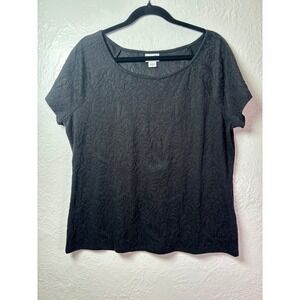 Jaclyn Smith Womens Large Black Textured Leaf Print Short Sleeve Top Stretch